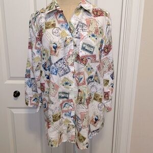 Vintage Chico’s Linen Button Down Blouse Womens S Bird Stamp Novelty Print shirt